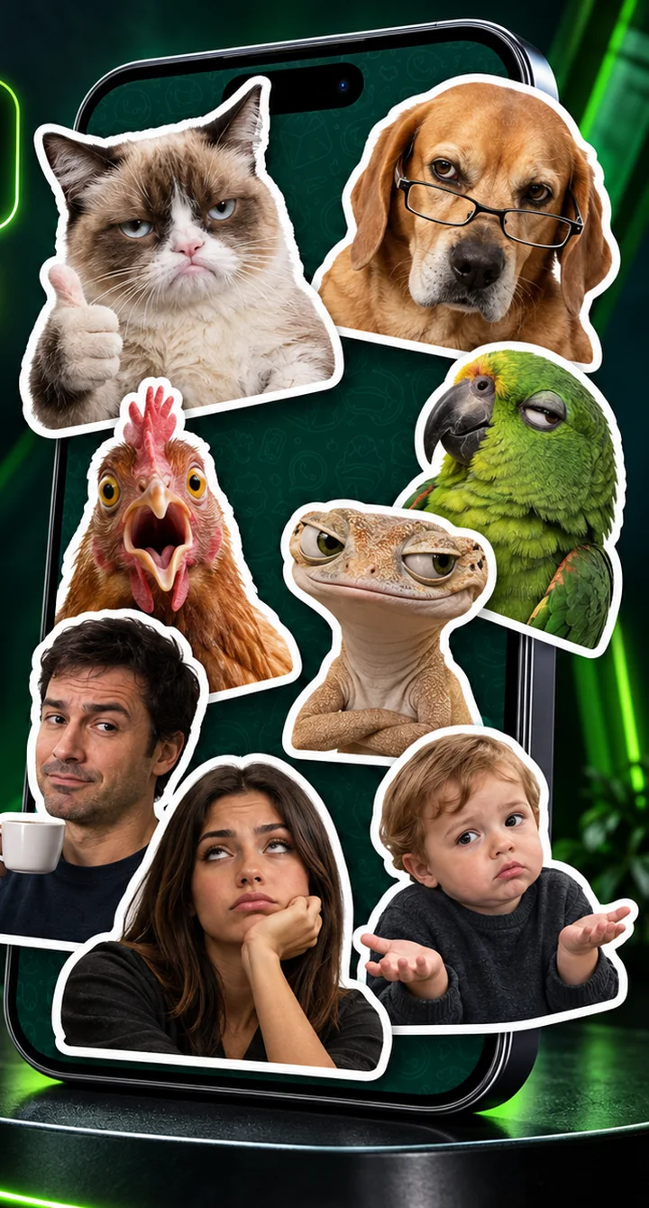 Smartphone cercado por figurinhas universais de animais e pessoas