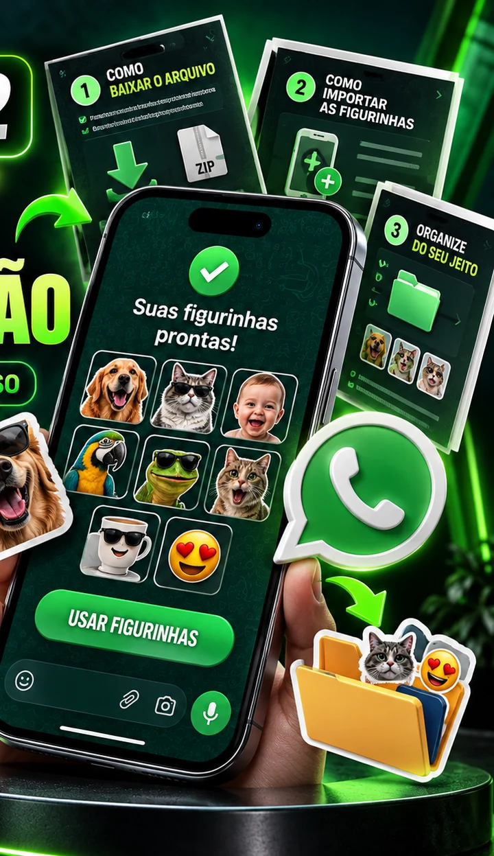Smartphone com guia visual para instalar e organizar figurinhas no WhatsApp