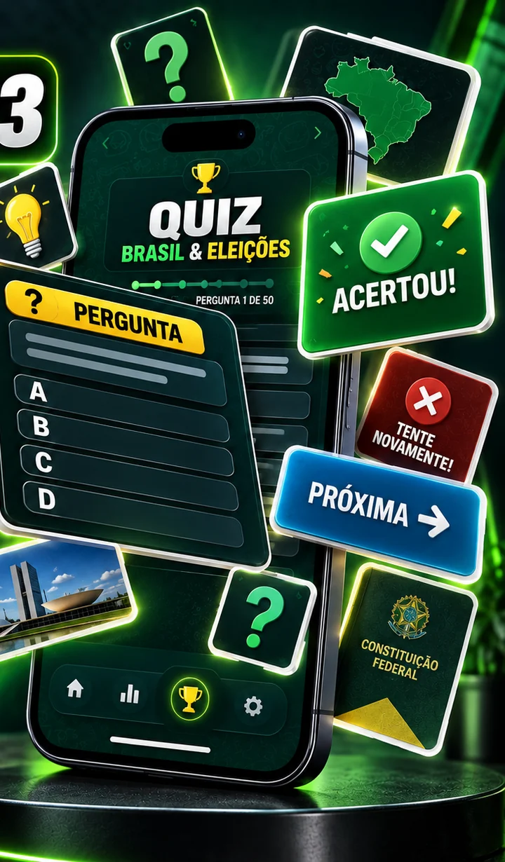 Smartphone com quiz digital sobre Brasil e eleições e cards interativos